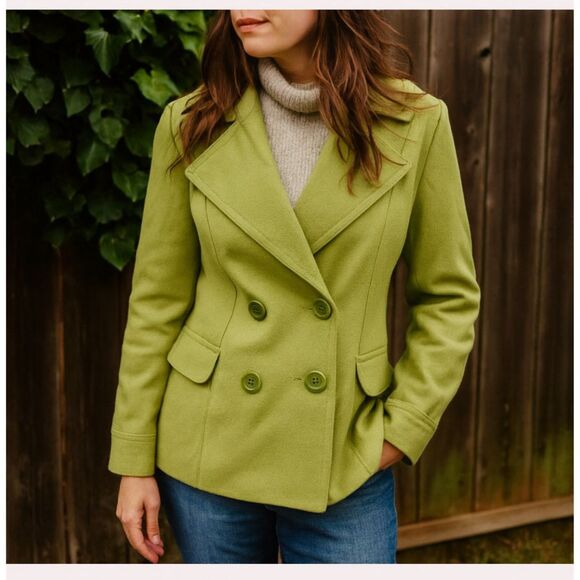 Chartreuse Wool Blend Double Breasted Classic Winter Peacoat Woman Small Coat - Picture 1 of 8